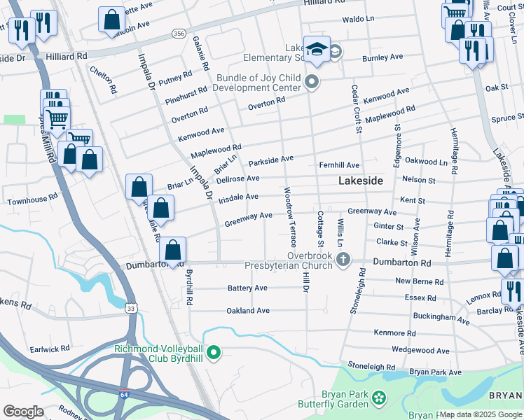 map of restaurants, bars, coffee shops, grocery stores, and more near 2816 Greenway Avenue in Richmond