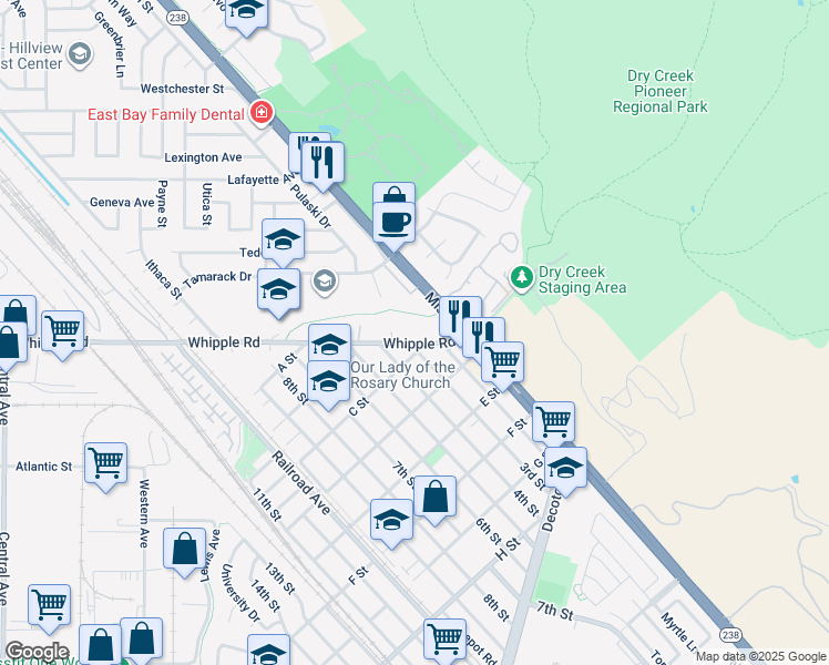 map of restaurants, bars, coffee shops, grocery stores, and more near 331 Whipple Road in Union City