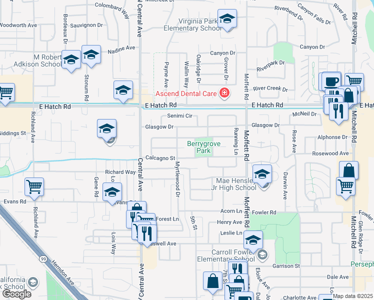 map of restaurants, bars, coffee shops, grocery stores, and more near 2308 Ridgeway Court in Ceres