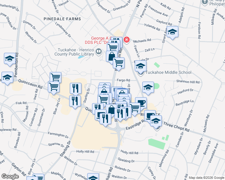 map of restaurants, bars, coffee shops, grocery stores, and more near 291 Gateway East Road in Henrico