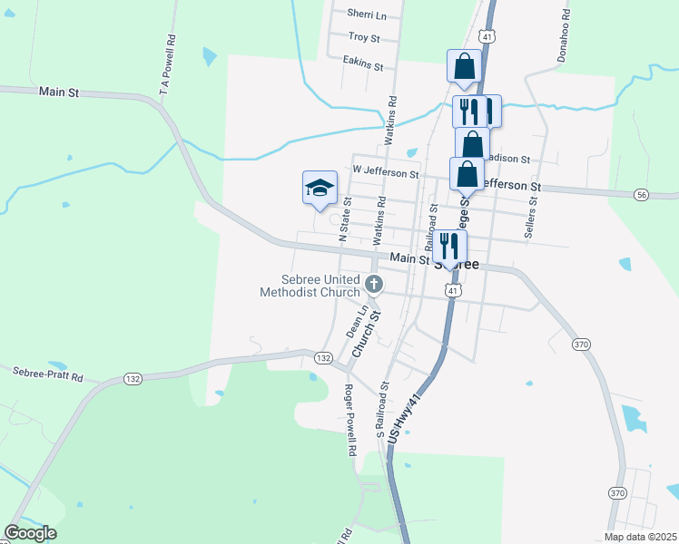 map of restaurants, bars, coffee shops, grocery stores, and more near 61 South State Street in Sebree