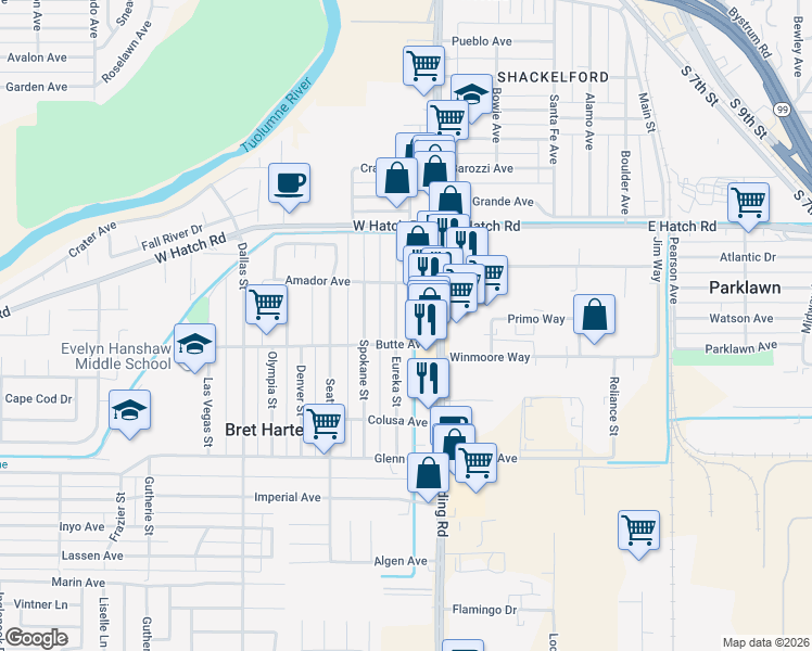 map of restaurants, bars, coffee shops, grocery stores, and more near 1364 East Hatch Road in Modesto