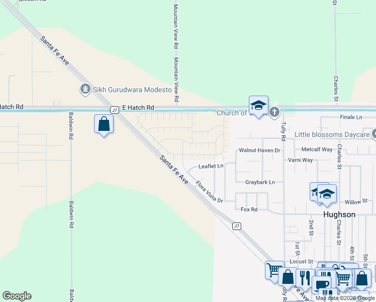 map of restaurants, bars, coffee shops, grocery stores, and more near 1701 Flora Vista Drive in Hughson