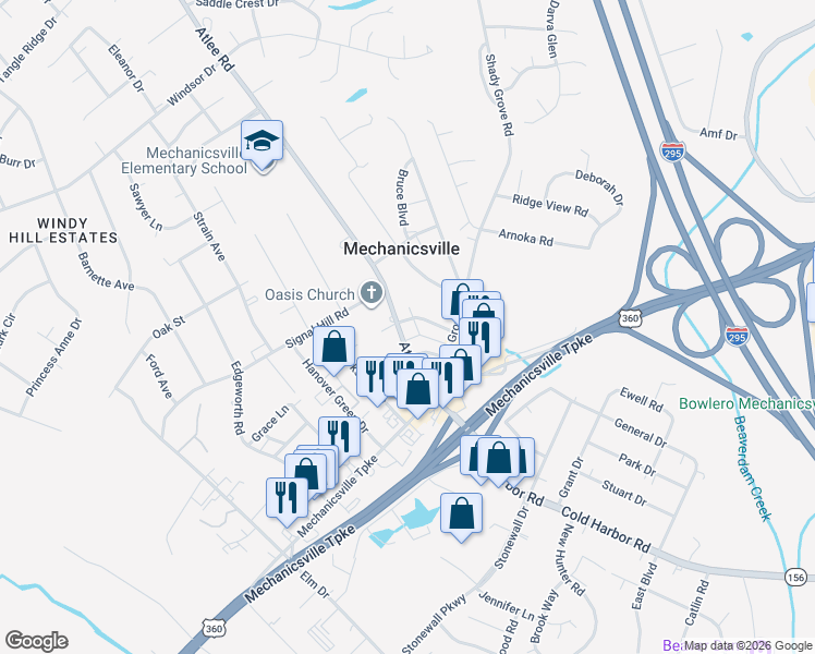map of restaurants, bars, coffee shops, grocery stores, and more near 7324 Atlee Road in Mechanicsville