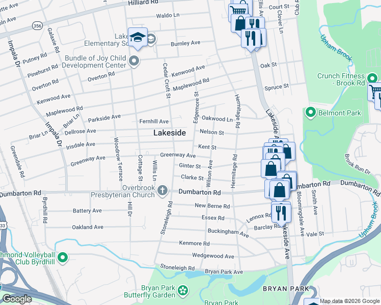 map of restaurants, bars, coffee shops, grocery stores, and more near 2400 Greenway Avenue in Richmond