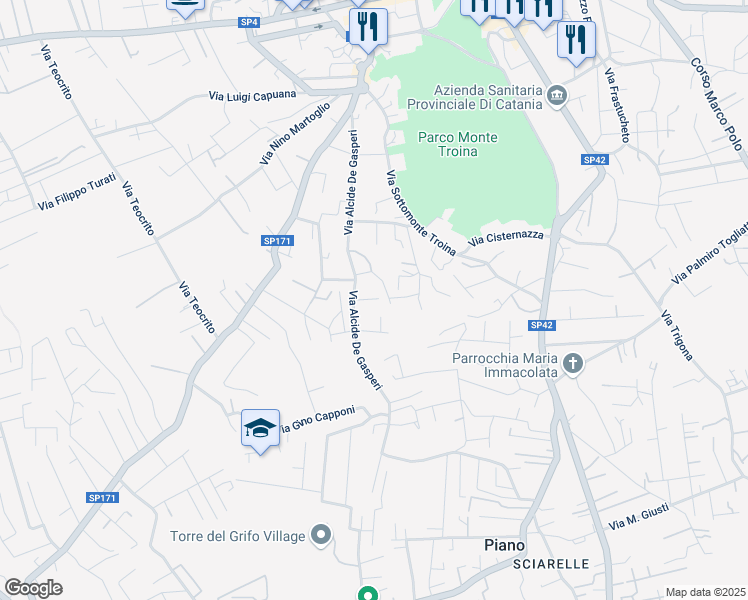 map of restaurants, bars, coffee shops, grocery stores, and more near 10 Vicolo Pietro Nenni in Pedara