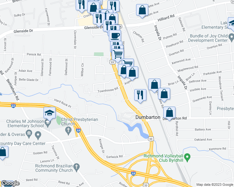 map of restaurants, bars, coffee shops, grocery stores, and more near 5811 Carrick Street in Richmond