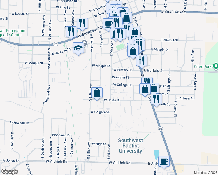 map of restaurants, bars, coffee shops, grocery stores, and more near 819 South Pike Avenue in Bolivar