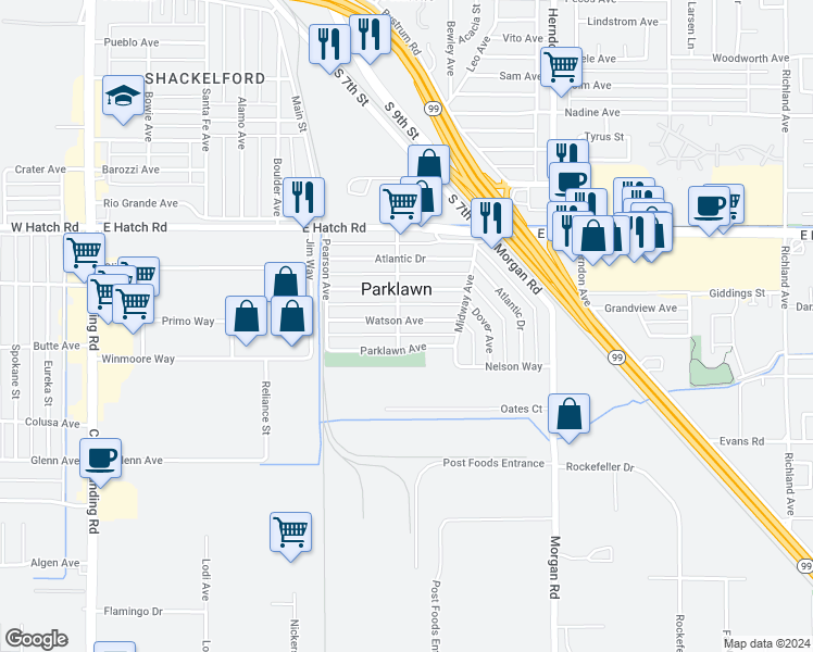 map of restaurants, bars, coffee shops, grocery stores, and more near 904 Watson Avenue in Modesto