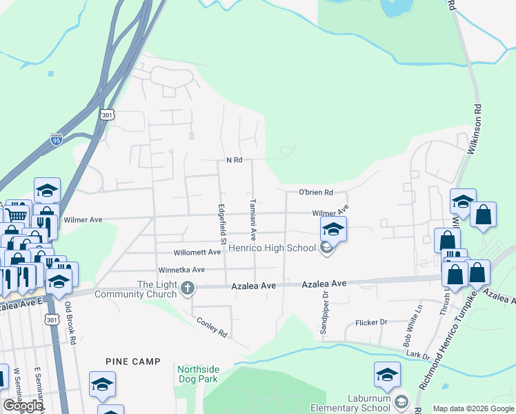 map of restaurants, bars, coffee shops, grocery stores, and more near 416 Wilmer Avenue in Richmond
