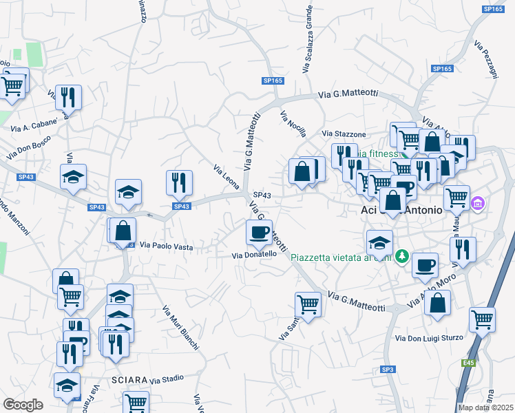 map of restaurants, bars, coffee shops, grocery stores, and more near 90 Via G. Matteotti in Aci Sant'Antonio
