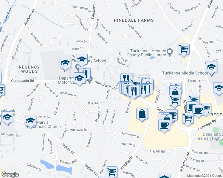 map of restaurants, bars, coffee shops, grocery stores, and more near 254 Camelot Circle in Henrico