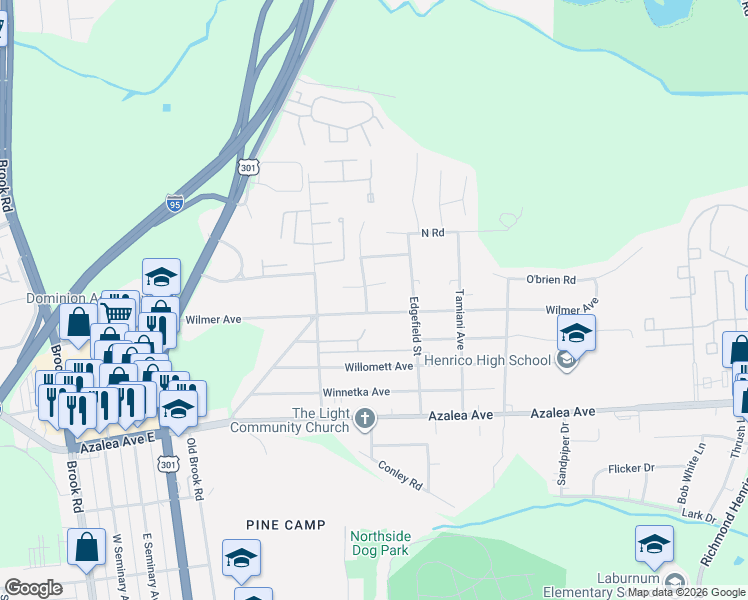 map of restaurants, bars, coffee shops, grocery stores, and more near 609 Elmfield Drive in Richmond