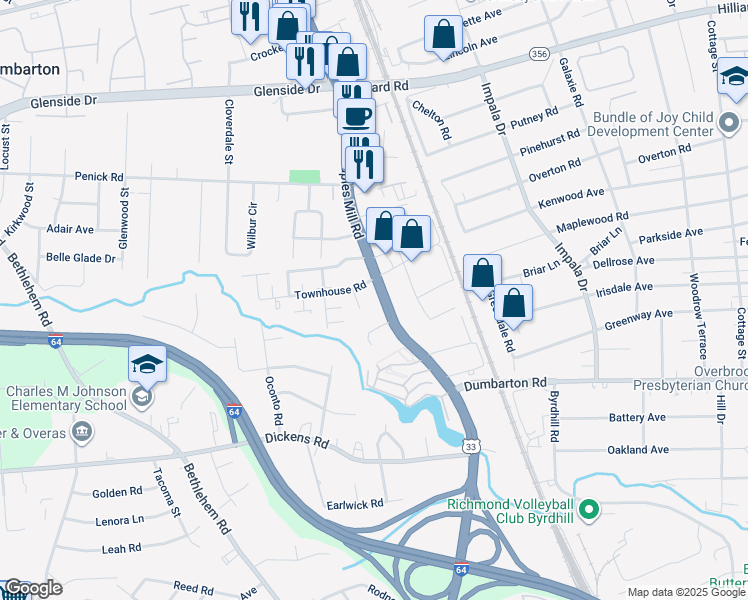 map of restaurants, bars, coffee shops, grocery stores, and more near 5804 Staples Mill Road in Richmond