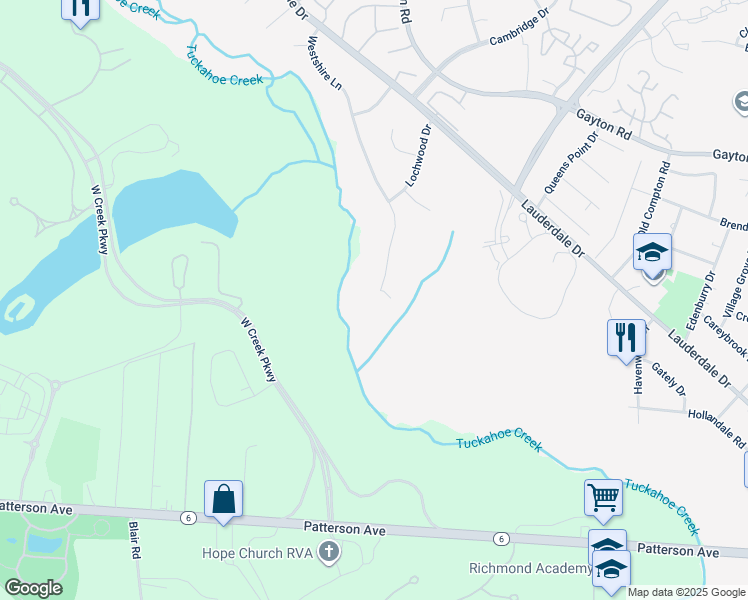 map of restaurants, bars, coffee shops, grocery stores, and more near 1400 Westshire Lane in Richmond