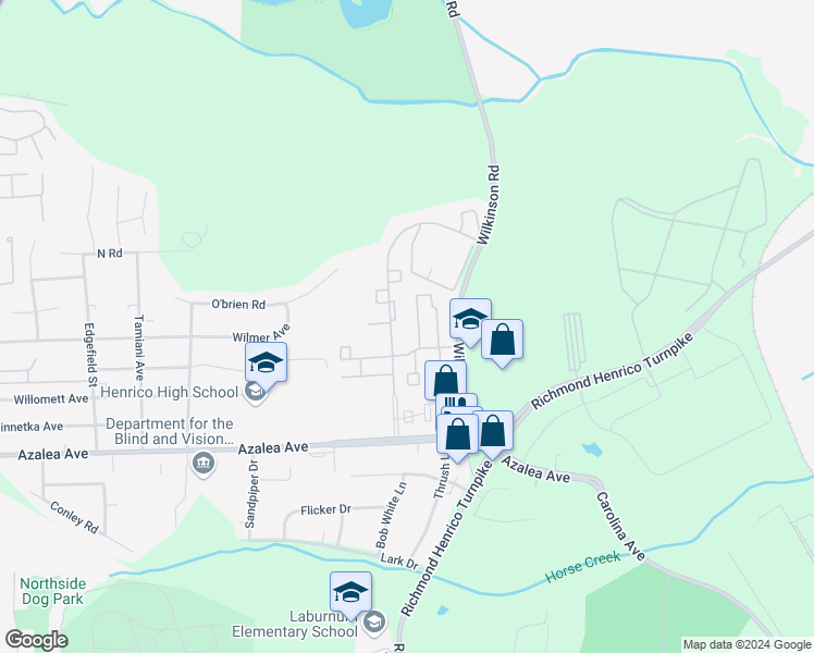 map of restaurants, bars, coffee shops, grocery stores, and more near 5508 Cardiff Court in Richmond