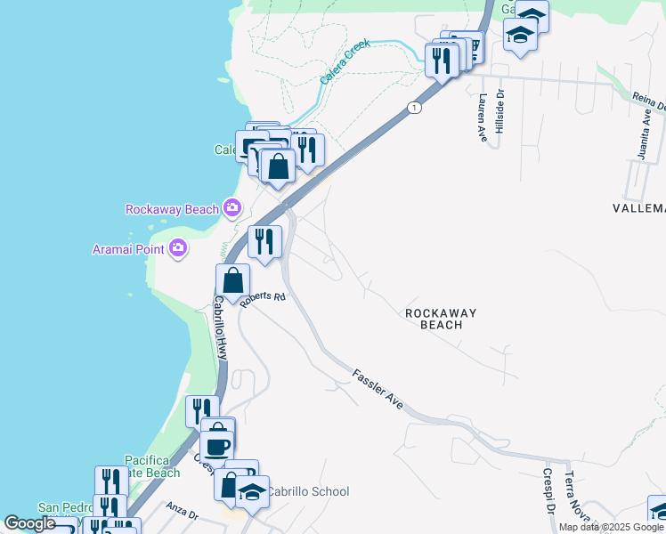 map of restaurants, bars, coffee shops, grocery stores, and more near 511 Buel Avenue in Pacifica