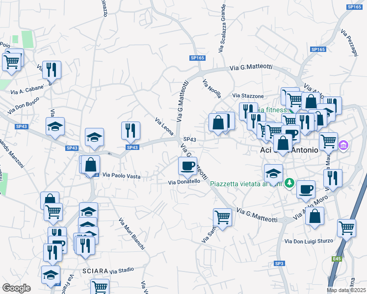 map of restaurants, bars, coffee shops, grocery stores, and more near 90 Via G. Matteotti in Aci Sant'Antonio