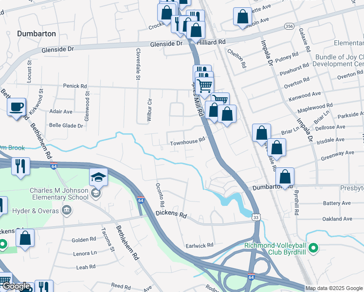 map of restaurants, bars, coffee shops, grocery stores, and more near 4111 Townhouse Road in Henrico