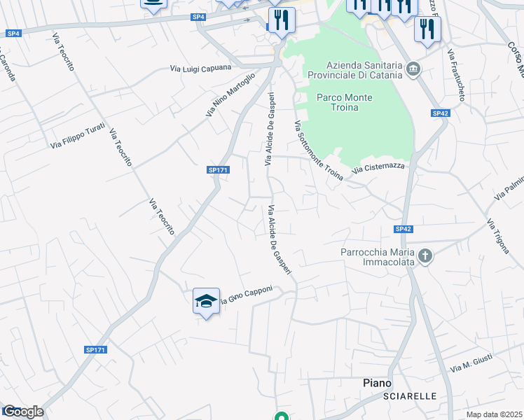 map of restaurants, bars, coffee shops, grocery stores, and more near 9 Via Dei Girasoli in Pedara