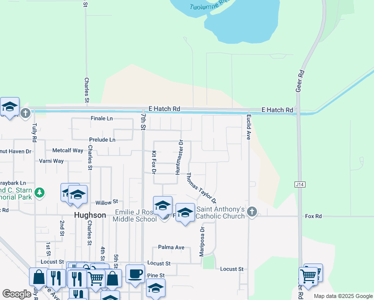 map of restaurants, bars, coffee shops, grocery stores, and more near 1633 Thomas Taylor Drive in Hughson