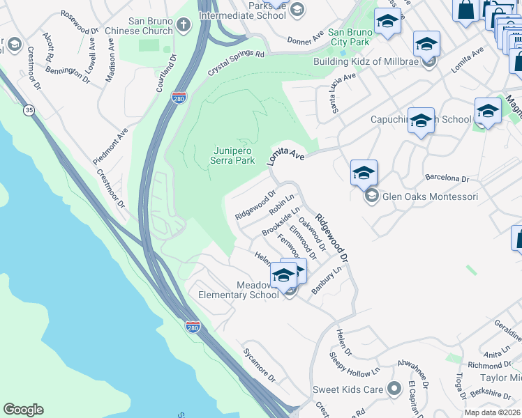 map of restaurants, bars, coffee shops, grocery stores, and more near 1343 Ridgewood Drive in Millbrae