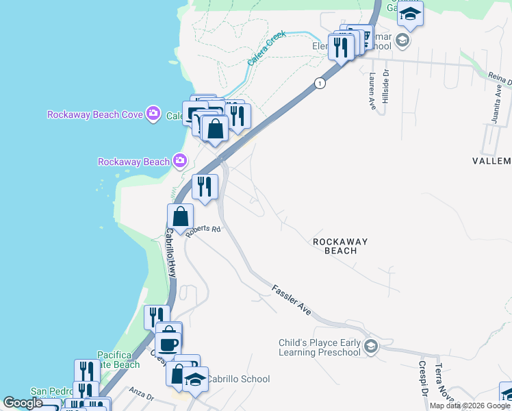 map of restaurants, bars, coffee shops, grocery stores, and more near 511 Buel Avenue in Pacifica