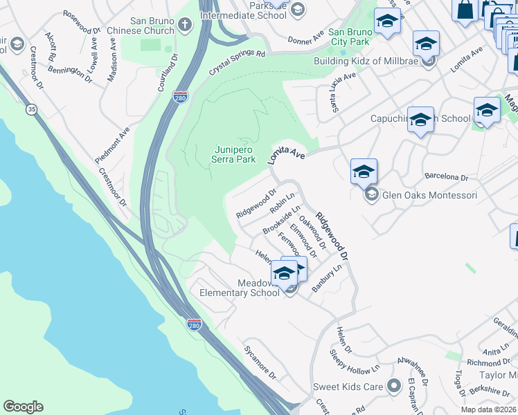 map of restaurants, bars, coffee shops, grocery stores, and more near 1343 Ridgewood Drive in Millbrae