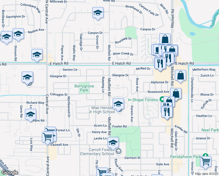 map of restaurants, bars, coffee shops, grocery stores, and more near 1653 Moffett Road in Ceres