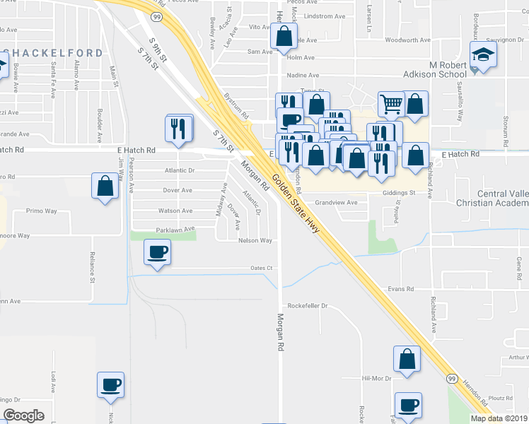 map of restaurants, bars, coffee shops, grocery stores, and more near 1644 Atlantic Drive in Modesto