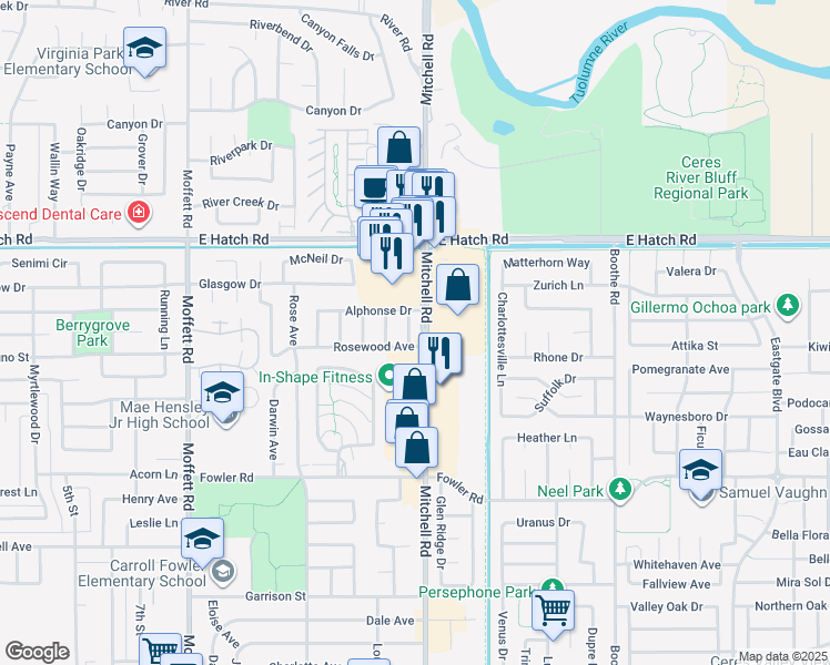 map of restaurants, bars, coffee shops, grocery stores, and more near 1650 Vineland Lane in Ceres