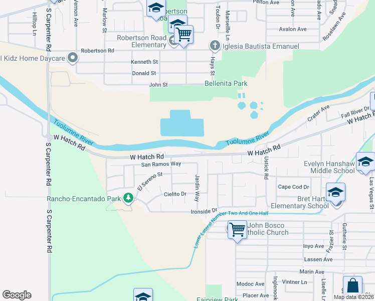 map of restaurants, bars, coffee shops, grocery stores, and more near 1801 West Hatch Road in Modesto