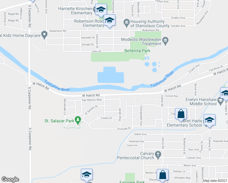map of restaurants, bars, coffee shops, grocery stores, and more near 1801 W Hatch Rd in Modesto