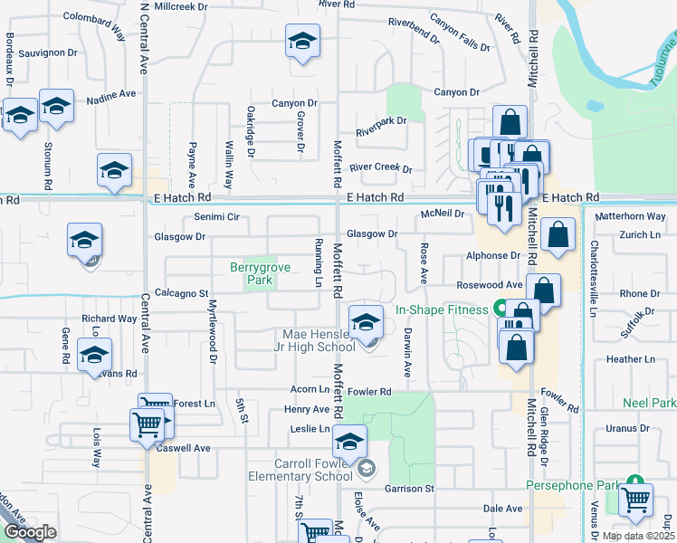 map of restaurants, bars, coffee shops, grocery stores, and more near 1653 Moffett Road in Ceres