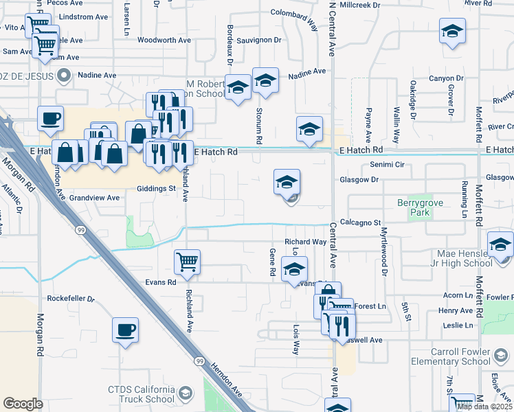 map of restaurants, bars, coffee shops, grocery stores, and more near 1859 Richard Way in Ceres