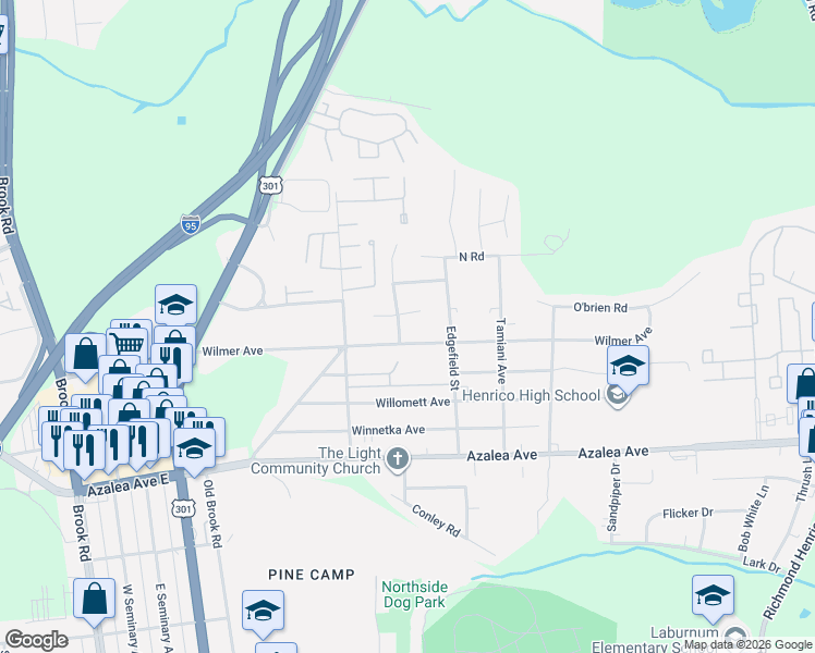 map of restaurants, bars, coffee shops, grocery stores, and more near 609 Elmfield Drive in Richmond