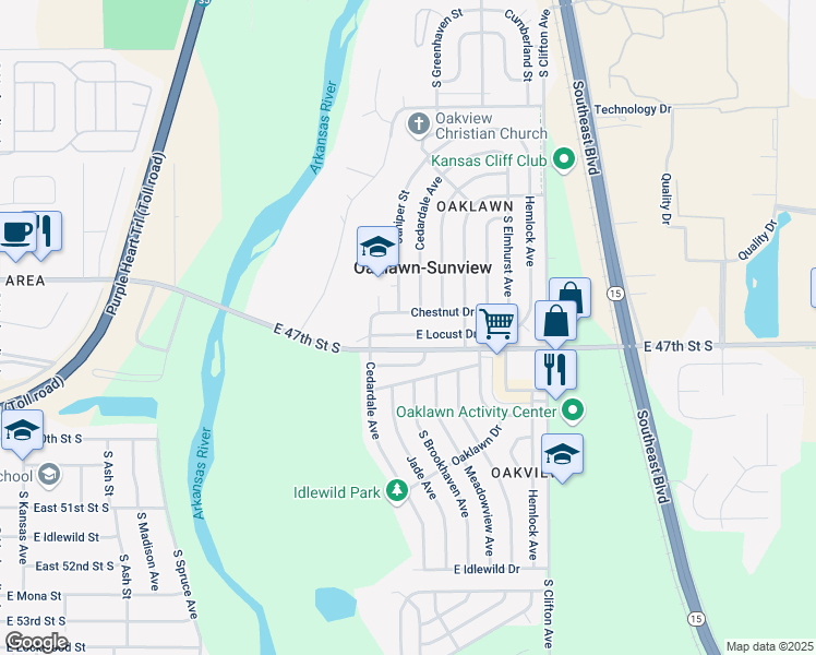 map of restaurants, bars, coffee shops, grocery stores, and more near 3104 Locust Street in Wichita