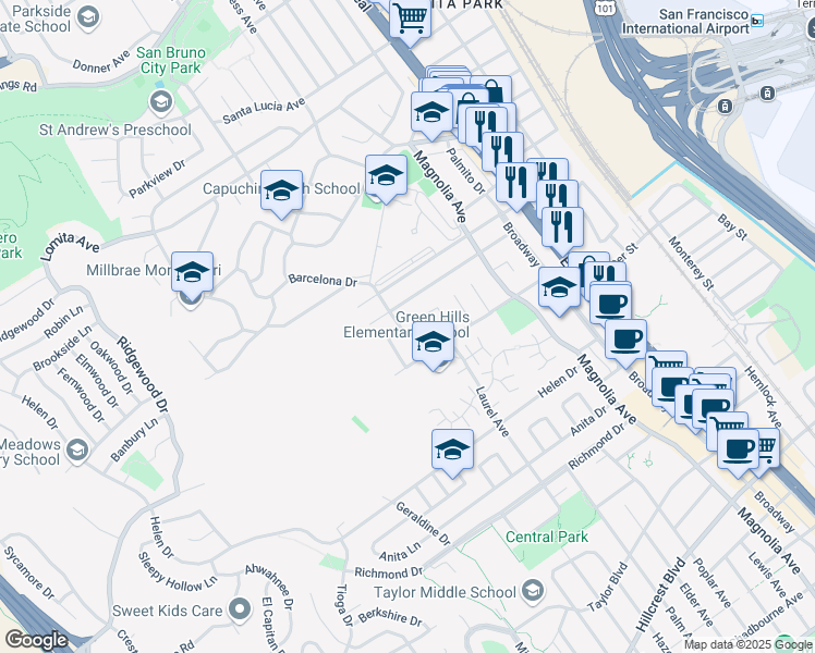 map of restaurants, bars, coffee shops, grocery stores, and more near 330 Barcelona Drive in Millbrae