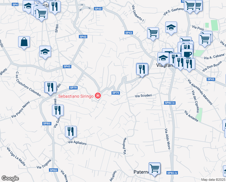 map of restaurants, bars, coffee shops, grocery stores, and more near 21 Via Caronda in Viagrande