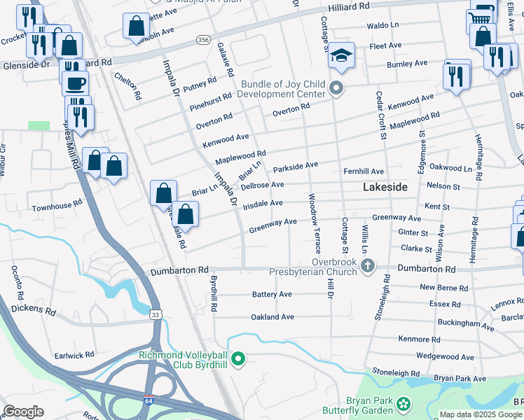 map of restaurants, bars, coffee shops, grocery stores, and more near 2905 Irisdale Avenue in Richmond