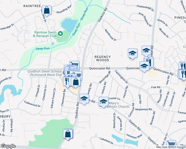 map of restaurants, bars, coffee shops, grocery stores, and more near 9614 Asbury Court in Richmond