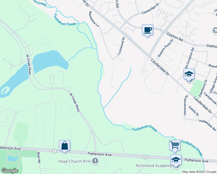 map of restaurants, bars, coffee shops, grocery stores, and more near 1400 Westshire Lane in Richmond