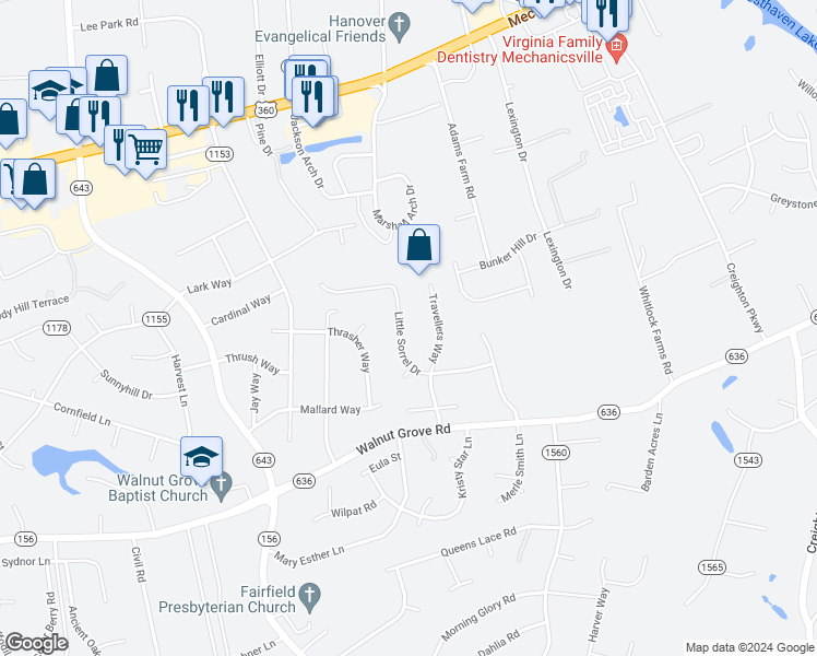 map of restaurants, bars, coffee shops, grocery stores, and more near 6378 Little Sorrel Drive in Mechanicsville