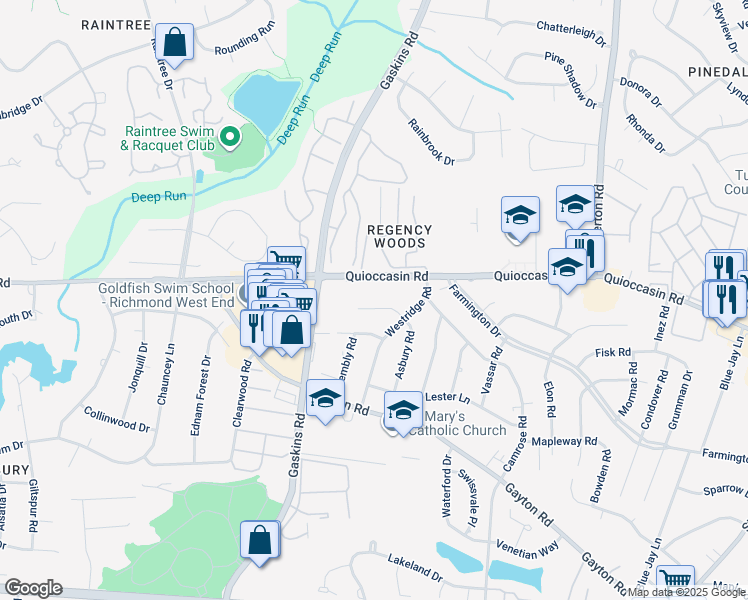 map of restaurants, bars, coffee shops, grocery stores, and more near 9606 Asbury Court in Richmond