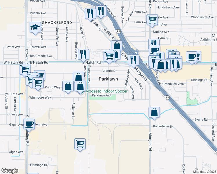 map of restaurants, bars, coffee shops, grocery stores, and more near 1611 Church Lane in Modesto