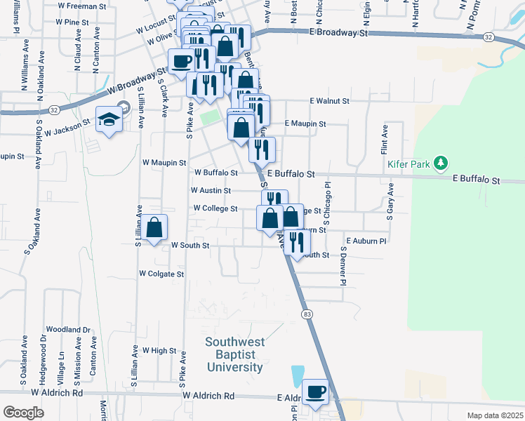 map of restaurants, bars, coffee shops, grocery stores, and more near 803 South Albany Avenue in Bolivar