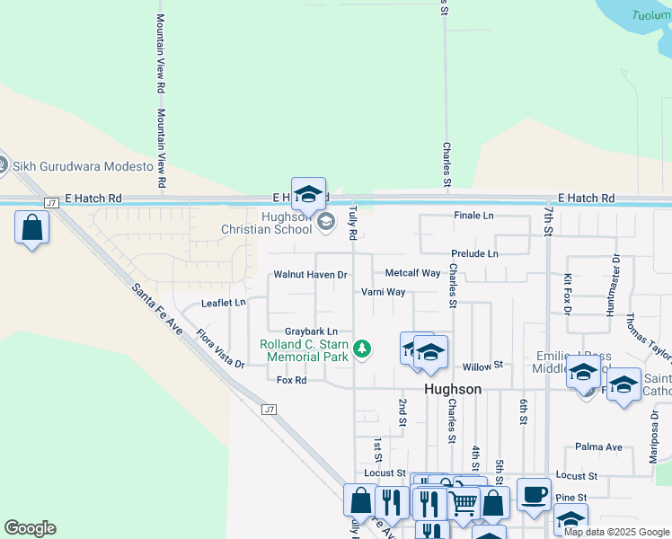 map of restaurants, bars, coffee shops, grocery stores, and more near 6613 Walnut Haven Drive in Hughson