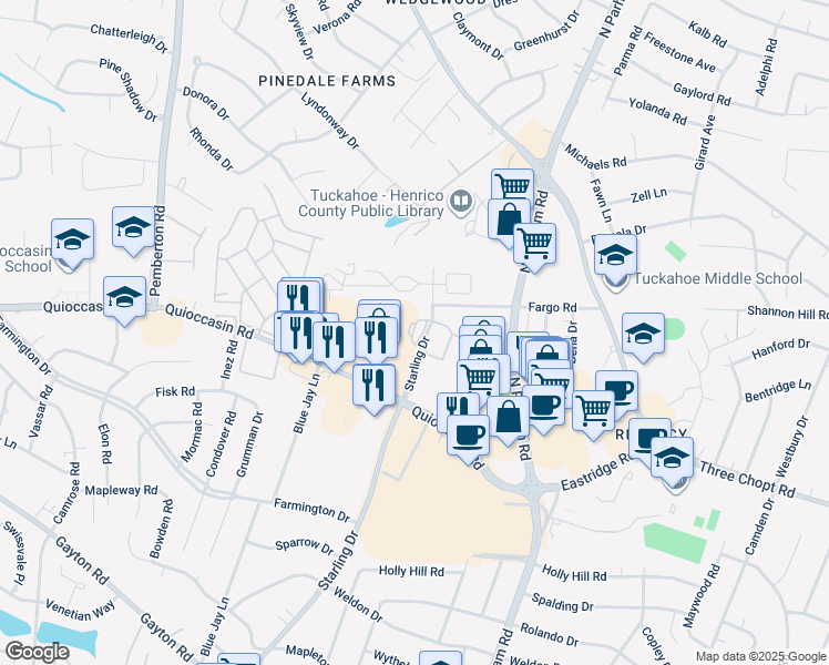map of restaurants, bars, coffee shops, grocery stores, and more near 1648 North Parham Road in Richmond