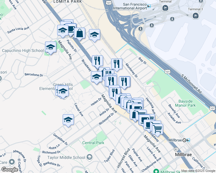map of restaurants, bars, coffee shops, grocery stores, and more near 1101 El Camino Real in Millbrae
