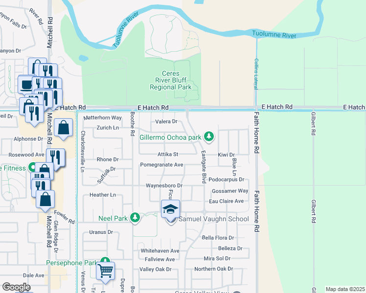 map of restaurants, bars, coffee shops, grocery stores, and more near 3738 Larian Way in Ceres
